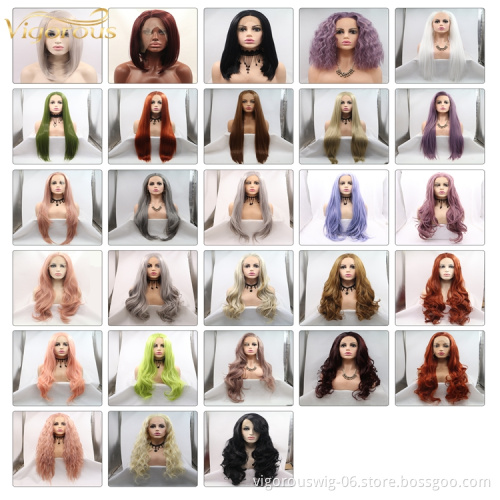 Vigorous picture color bob straight wavy wholesale high quality heat resistant long cheap synthetic hair wig with lace front